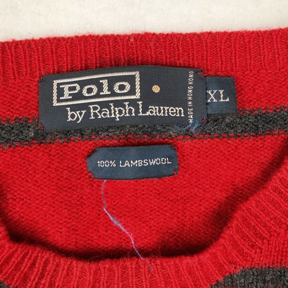 Vintage Polo Ralph Lauren Red Grey Striped Lambswool Sweater Oversized XL - Picture 2 of 7